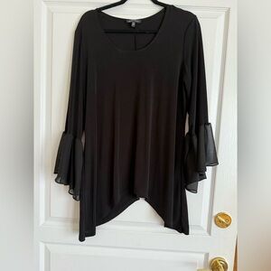 Slinky Brand Elegant Black Asymmetrical Tunic with Chiffon Bell Sleeves size L